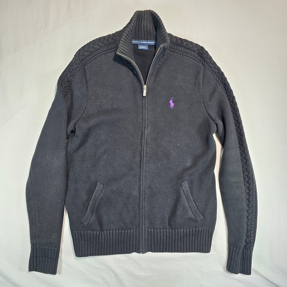 Ralph Lauren Sport Full Zip Cardigan Sweater Black Cotton Cable Sleeve Mens‎ L